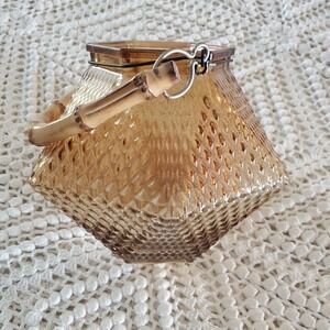 Vintage‎ Amber Glass Jar Lantern Diamond Pattern Bamboo Handle Trident Mark